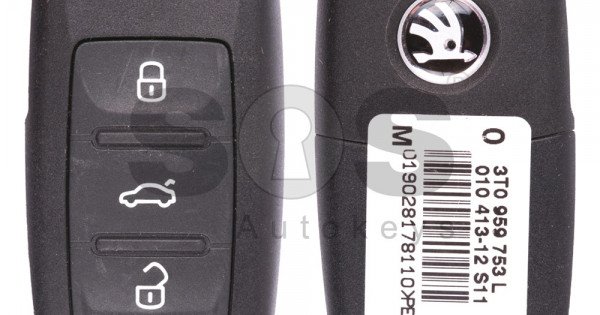 OEM Flip Key for Skoda Citigo Buttons:3 / Frequency:434MHz /  Transponder:ID48 / Blade signature:HU66 / Immobiliser System: Dashboard UDS  / Part No: